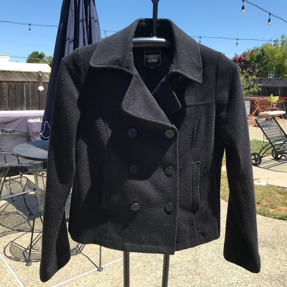 Guess Jeans Black Wool PeaCoat Medium - Picture 1 of 4